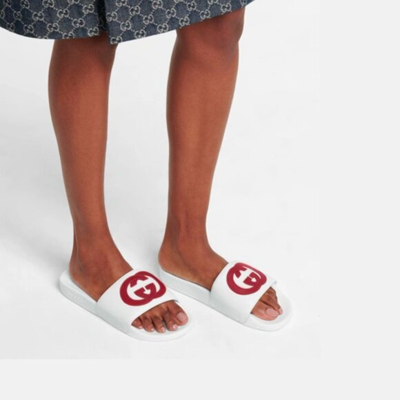 NEW GUCCI Women's Interlocking GG White Leather Slides Flip Flops EU 38 US 8 - Picture 3 of 13
